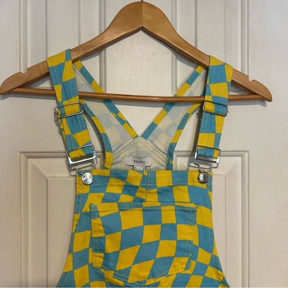 F21 Psychedelic Denim Overalls Romper Mini Dress Carolina Blue & Yellow | Small - Picture 2 of 11